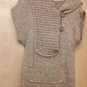 Free People Tan Button Crochet Hoodie Tunic Sweater Top